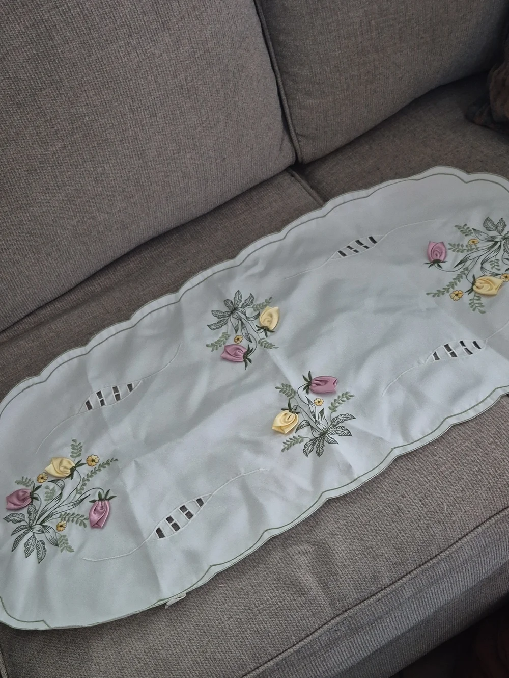 Embroidered Floral Table Runner White with Pink & Yellow Accents